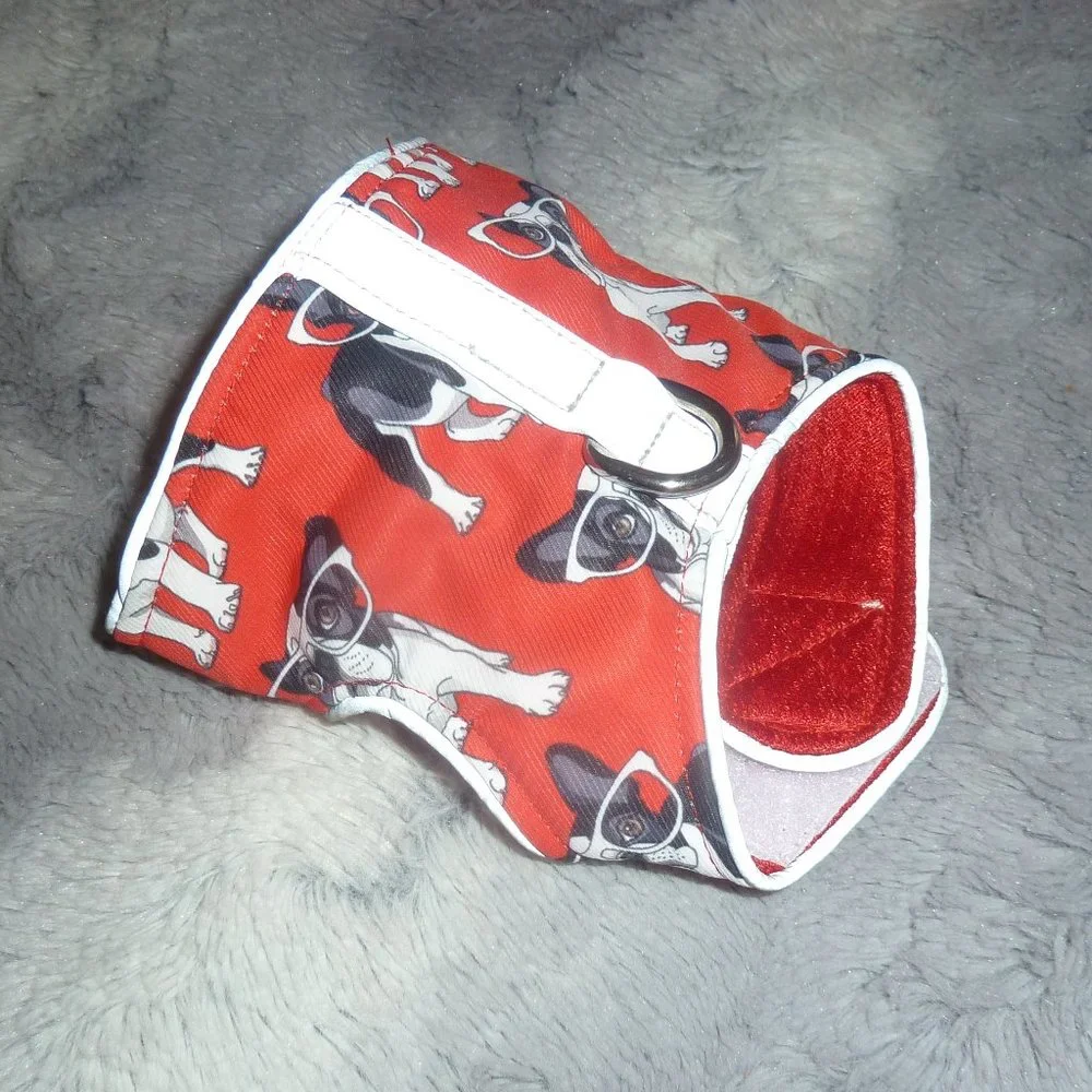 XS Dog or Cat Harness & Leash Set, Red with Black & White Dog Print, New